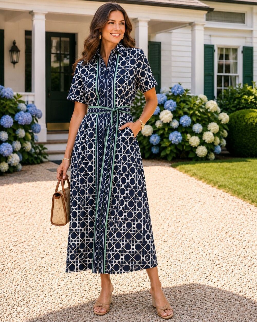 NWT Crown & Ivy Navy Geometric Belted Shirt Dress Midi Coastal Preppy Tuckernuck